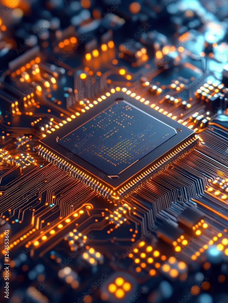 Poster generative ai illustration of close up of a computer chip on a circuit board