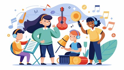 This image embodies the principles of sound education, showcasing students immersed in musical exploration and skill development, providing a compelling visual for music schools, online music educati