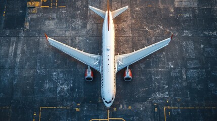 Overhead view of parked airplane on tarmac at sunrise