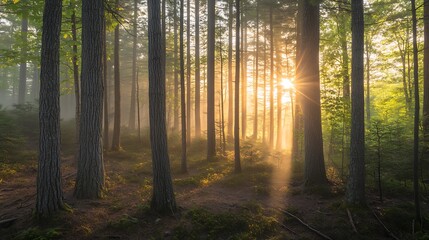 Fototapeta premium Sunlit Forest Path Morning Mist Golden Light Trees