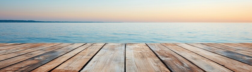 Tranquil Sunset Over Calm Water with Wooden Deck and Warm Hues of Orange and Blue in a Serene Coastal Landscape