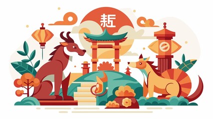 Fototapeta premium This image embodies the cultural richness and artistic expression of the Chinese zodiac, highlighting the unique characteristics of each animal sculpture and the serene park setting, providing a visu
