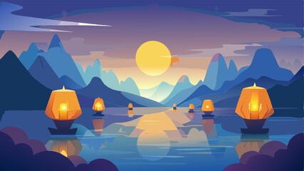 The image portrays illuminated paper lanterns gently floating on a lake, with misty mountains forming a dramatic backdrop, creating a visually appealing and versatile image suitable for various appli