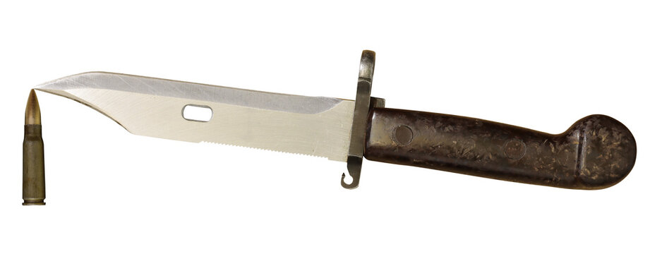 old ak-47 bayonet and 7.62x39 ammo isolateds on transparent background