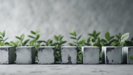 Concrete blocks arranged in a row with green foliage in the background and visible surface texture Copy Space