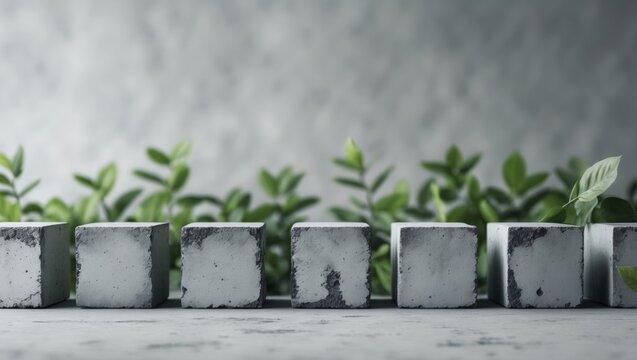 Concrete blocks arranged in a row with green foliage in the background and visible surface texture Copy Space