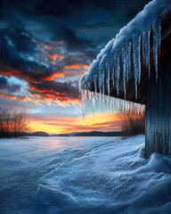 The serene beauty of a winter sunset, highlighting icicles and a snowy landscape, captures the...