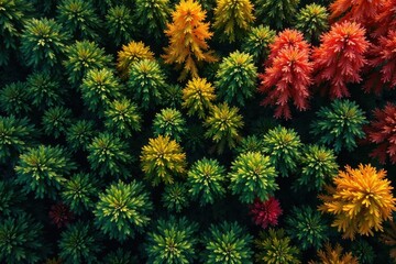 Aerial View of Vibrant Autumnal Foliage Displaying a Rich Tapestry of Green, Yellow, and Red Hues in a Lush Forest Canopy
