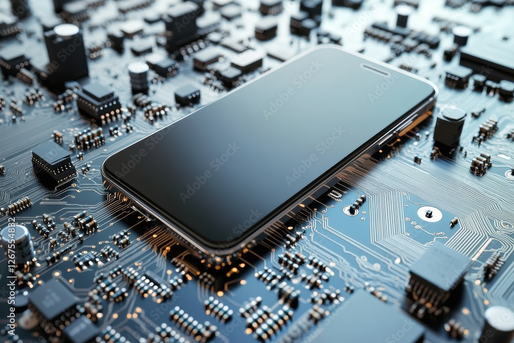 Poster smartphone resting on a circuit board in a high-tech environment showcasing modern technology