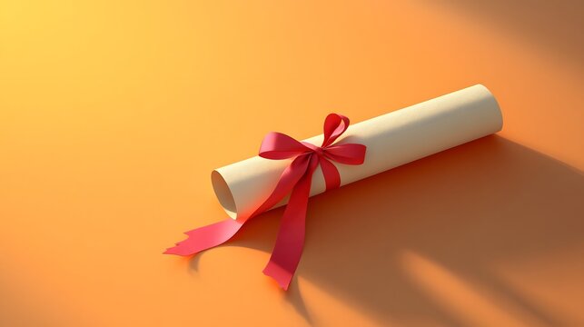 Rolled diploma with red ribbon on an orange background