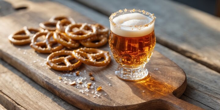A refreshing glass of amber beer with a head and salted pretzels on a wooden board.