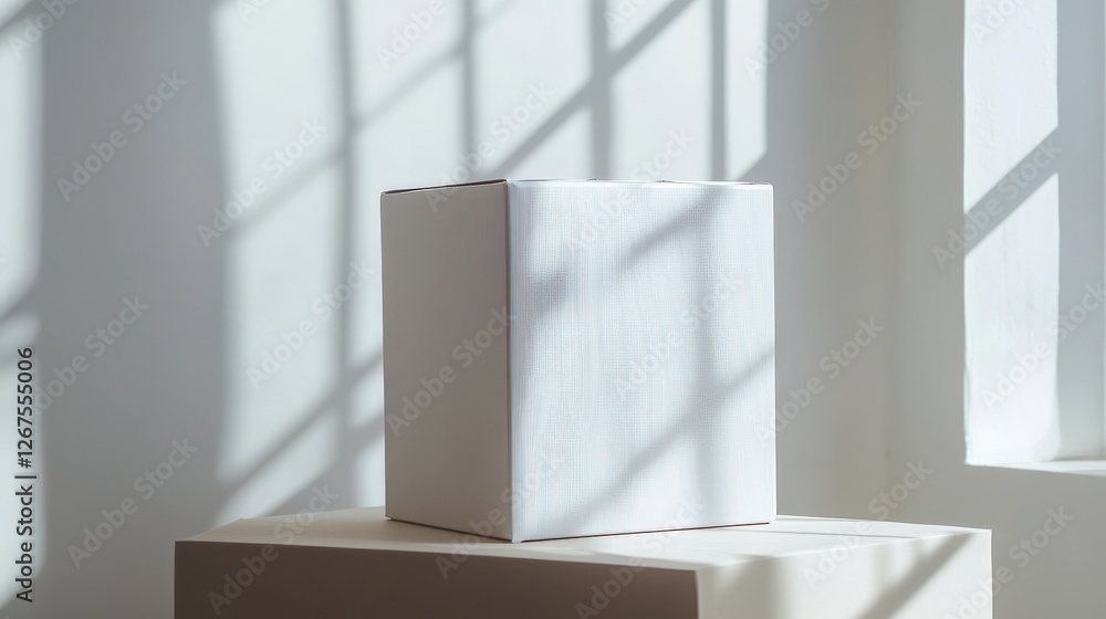 Poster simple white box on a minimalist stand with shadow play effects