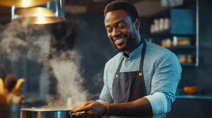 A smiling African American man stirs a pot of delicious food, surrounded by a warm and inviting kitchen atmosphere. Steam rises, highlighting his passion for cooking, as he enjoys the moment