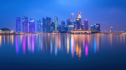 Obraz premium Singapore skyline at dawn, reflected in water, vibrant city lights