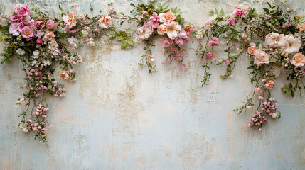 Delicate floral arrangement drapes gently against a textured pastel wall, creating a serene backdrop for nature's beauty