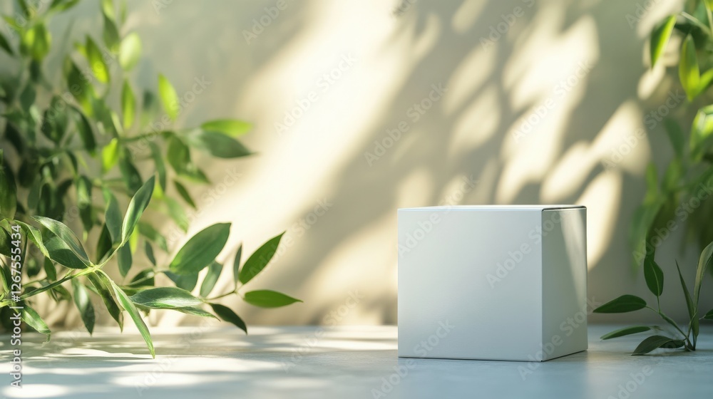 Poster minimalist product display with green leaves and soft lighting