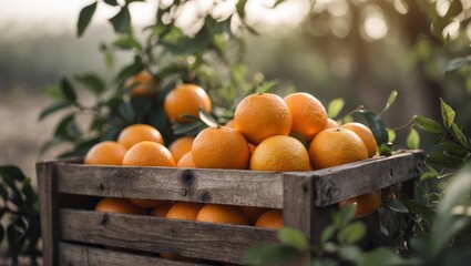 Close up of a box full of orange fruits outdoors.