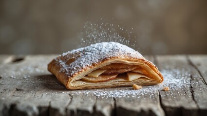 Freshly Baked Apple Turnover with Powdered Sugar and Flaky Golden Pastry.