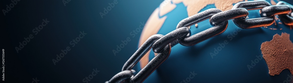 Poster a visual representation of a globe partially wrapped in a chain, symbolizing global connections and 