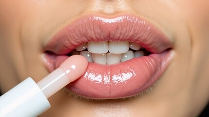 Naklejka premium Applying lip gloss for a glossy finish in cosmetic routine at home