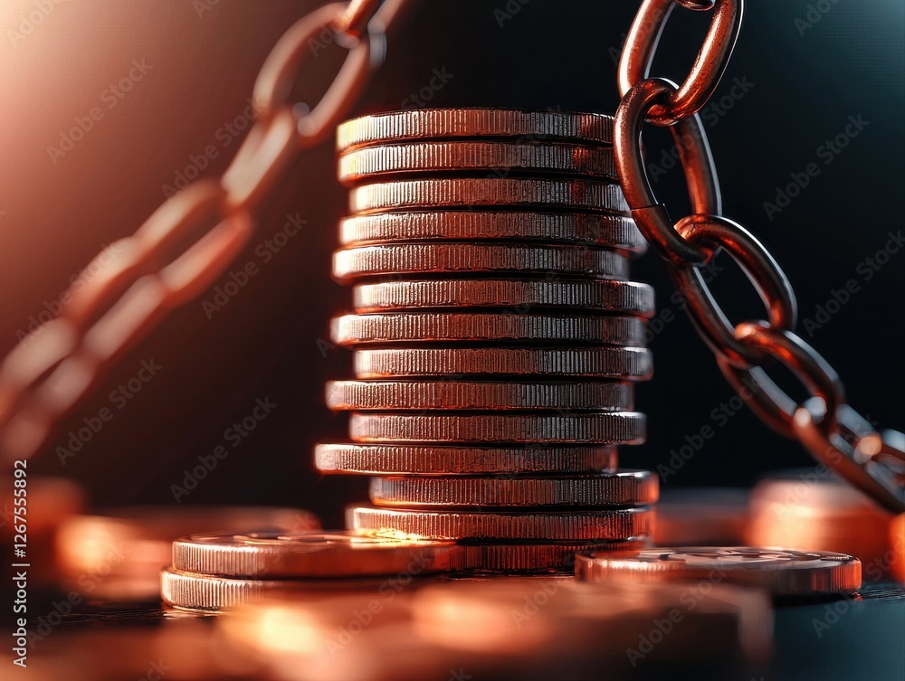 Poster a stack of coins is secured by a chain, symbolizing the connection between wealth and security.