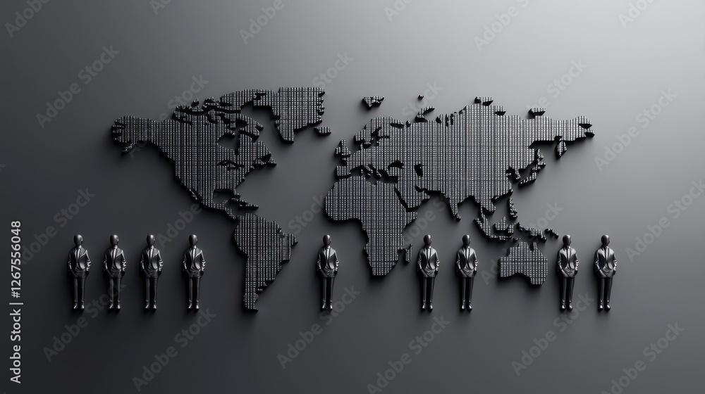 Poster a stylized world map constructed from vertical lines, with silhouettes of standing figures below, su