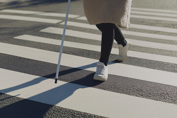Person with a white cane navigating a pedestrian crosswalk while wearing casual shoes and black leggings in an urban setting