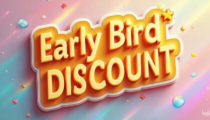 Vibrant early bird discount promotional graphic with playful colors and whimsical background elements