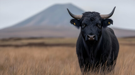 Highland bull gazing, Scottish moorland, mountain backdrop, agriculture
