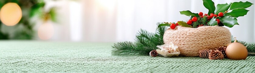 Celebrate the festive season with this cozy Christmas image A delightful pine wreath, adorned with charming Christmas decor, sits gracefully on a textured green knitted background Embrace the warmth