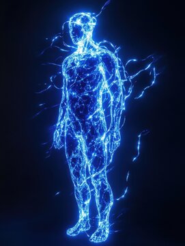 VNS (Vagus Nerve Stimulation) concept with a human figure composed of blue light.