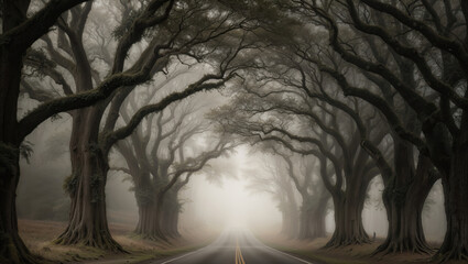 Obraz premium Mysterious Roadway Through a Foggy Landscape