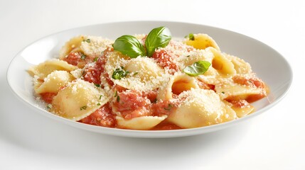 Delicious Pasta Dish with Tomato Sauce and Cheese Garnish