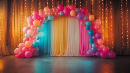 Colorful balloon arch creates vibrant atmosphere for celebration event