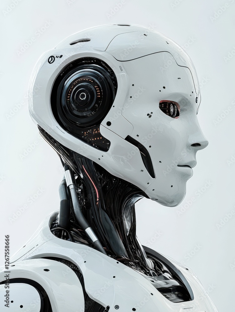 Aufkleber futuristic white humanoid robot with advanced technology and digital interface in minimalist backgro
