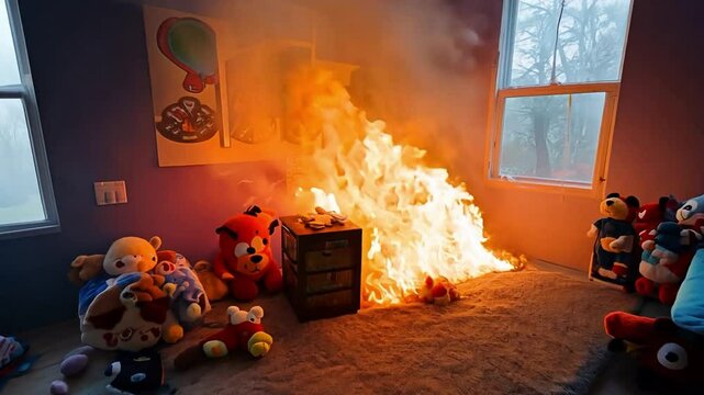 A devastating house fire in a childs room with huge flames and smoke and a teddy bear.