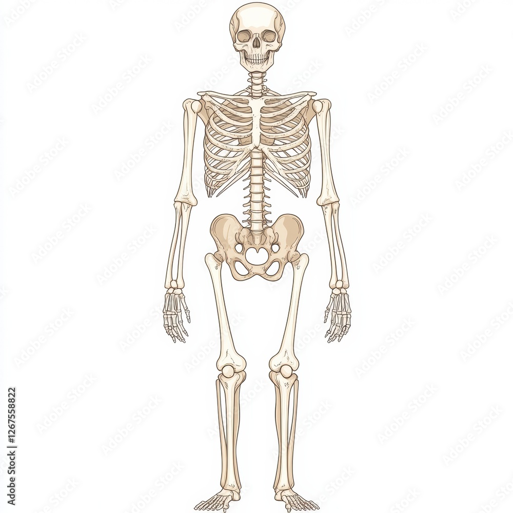 Poster Detailed anatomical illustration of a human skeleton showcasing bone structure and features for educational purposes. Generative AI