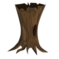 Illustration of an old, dead tree trunk with an open hole in the center and large roots at the bottom.
