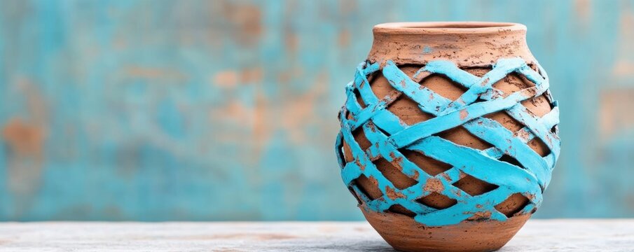 Discover the beauty of imperfection with this exquisite Handmade wabi-sabi brown clay vase with abstract blue patterns, a stunning fusion of rustic charm and modern artistry Each curve and color