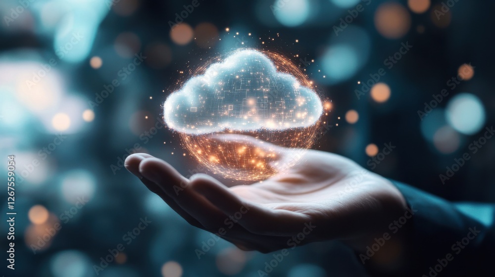 Poster close up of businessman hand holding glowing round cloud hologram on blurry bokeh background. cloud 