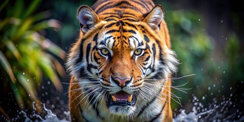 Fototapeta premium Wild Bengal tiger's ferocious attack: a dangerous, stunning wildlife image showcasing the big cat's untamed fury.