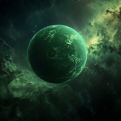 Celestial Green Planet in Space: Digital Art