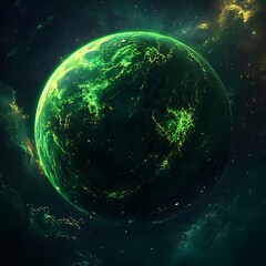 Celestial Green Planet in Space: Digital Art