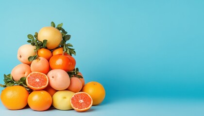 Discover the vibrant world of health with this stunning stock photo featuring a Colorful assortment of fruits and vegetables on a vibrant blue background with copy space, perfect for your next