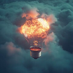 3D Render Circuitry Clouds Glowing Lightbulb