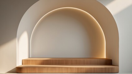 Wooden podium in arch shaped alcove providing elegant space for product showcasing.