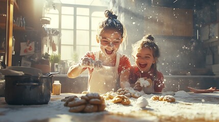 Playful scene of a young family covered in flour, laughing and bonding while baking cookies in a bright, modern kitchen