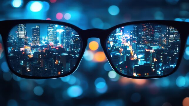 Abstract bright night city view through eyeglasses. Blurry background. Vision concept