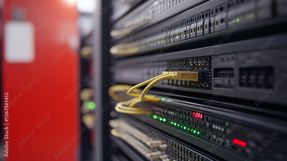 Aufkleber technology hub with vibrant data cables illuminating server racks in a bustling data center