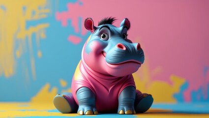 Fototapeta premium A Stylized Cartoon Hippo Positioned Amidst a Bright and Cheerful Backdrop of Vibrant Colors.